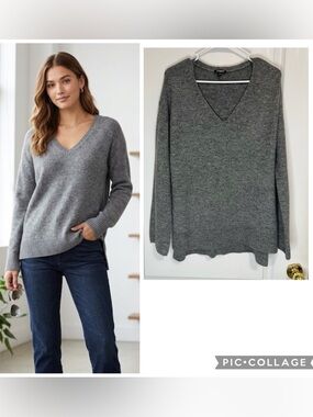 Express Women's oversized Charcoal V-Neck Sweater size S
